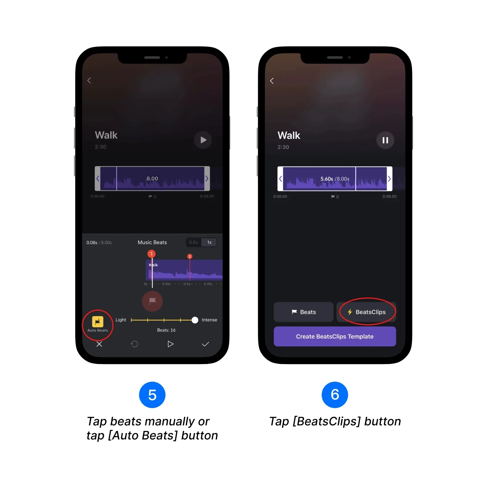 Tap beats manually or tap Auto Beats, then tap the BeatsClips button