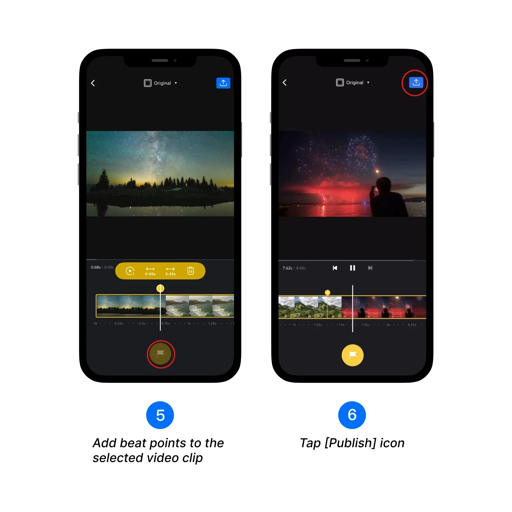 Add beat points to the selected video clip and tap the Publish icon