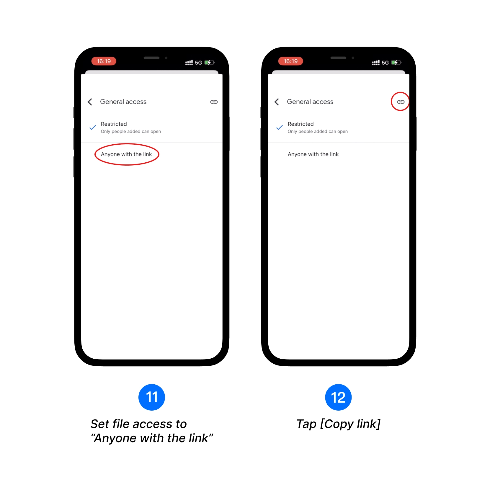 Set file access to \"Anyone with the link\", Tap [Copy link]