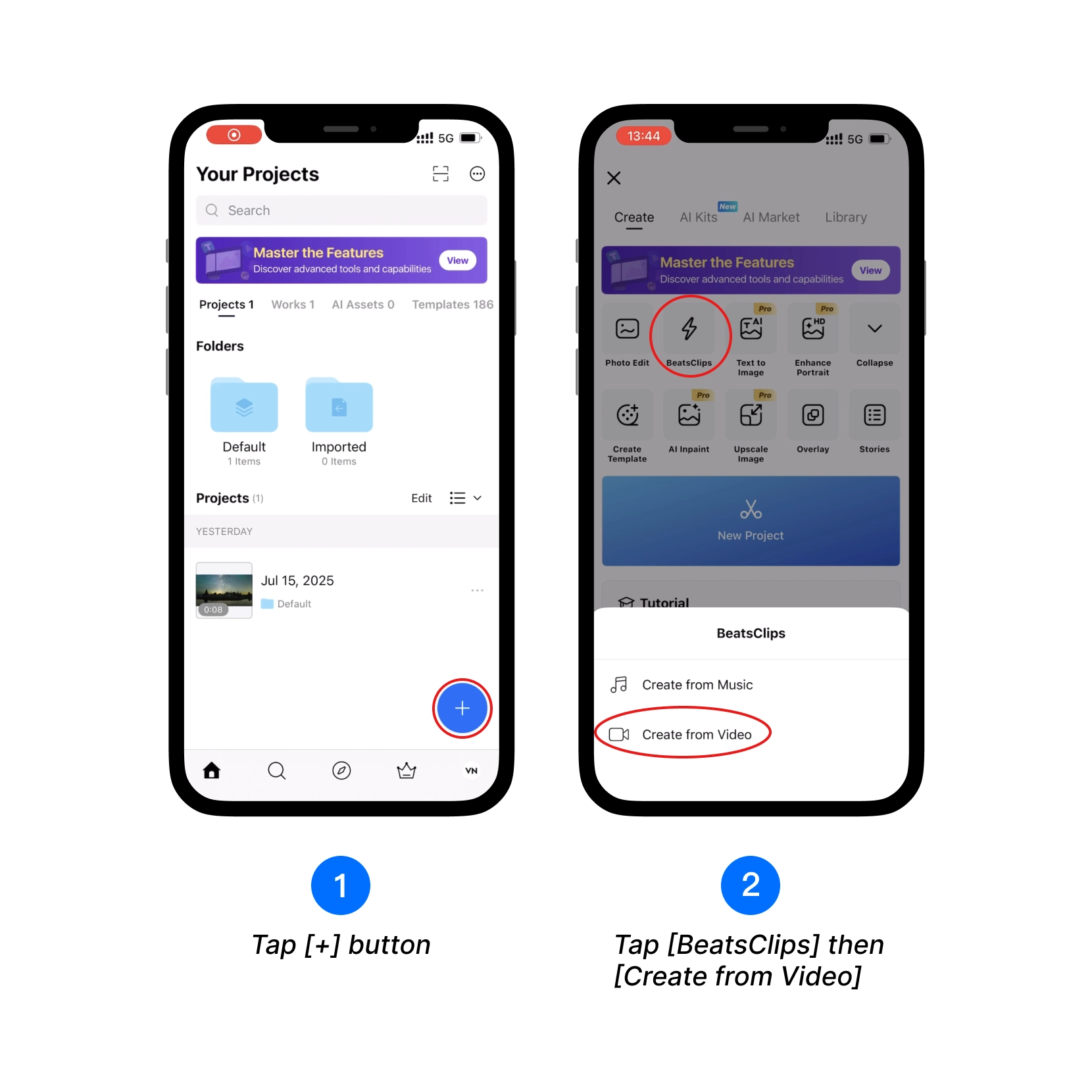 Tap [+] button, Tap [BeatsClips] then [Create from Video]