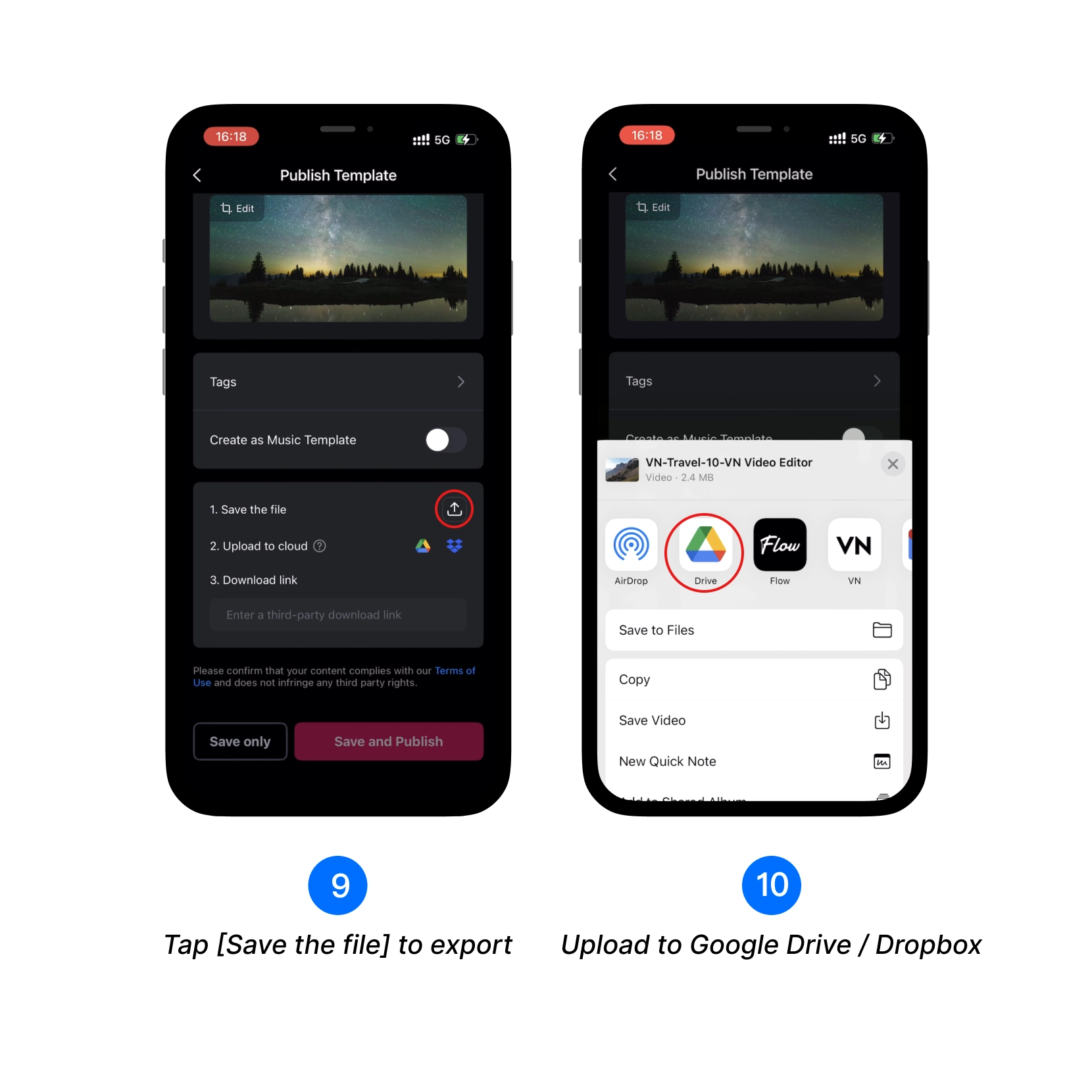 Tap [Save the file] to export, Upload to Google Drive / Dropbox