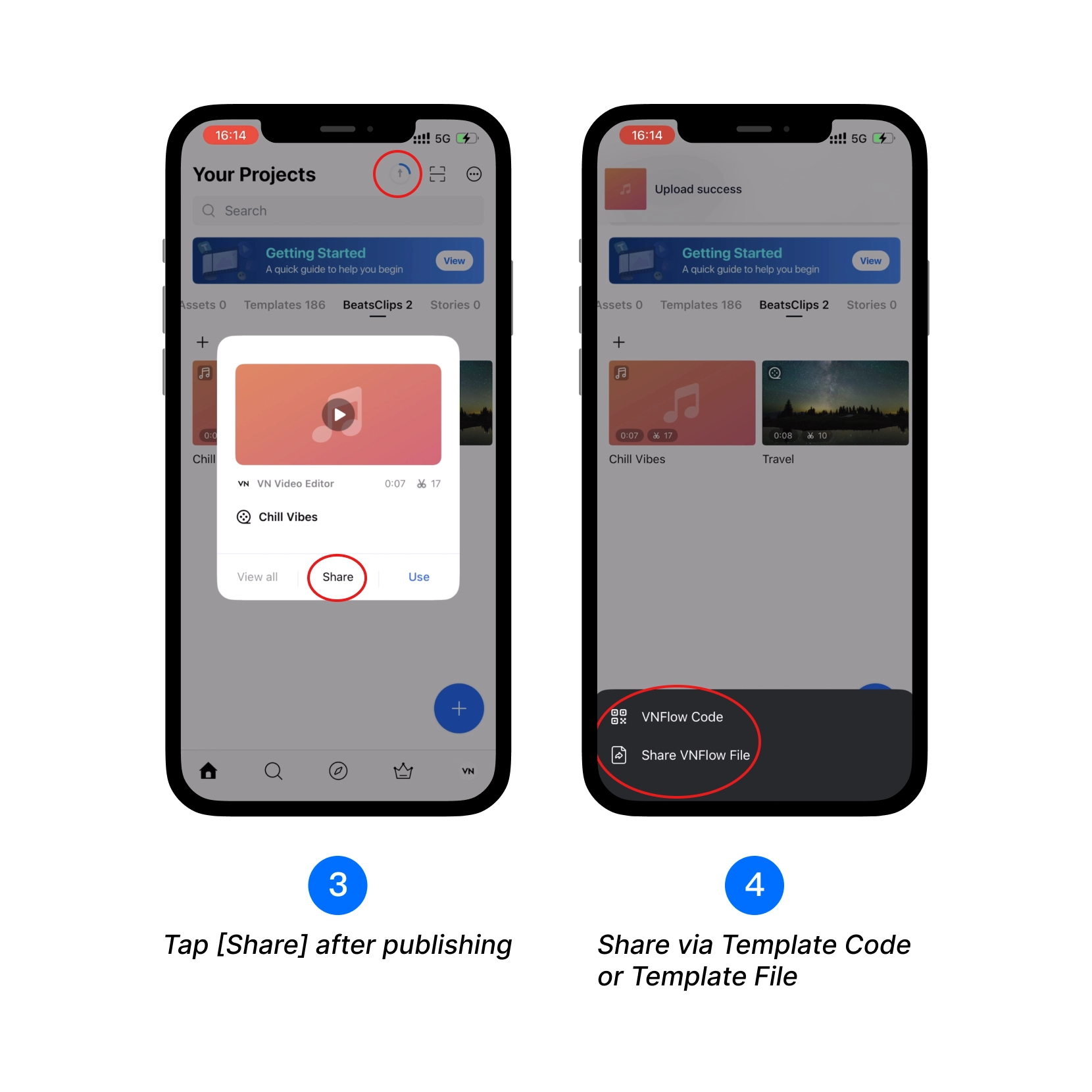 Tap [Share] after publishing, Share the Template Code or Template File