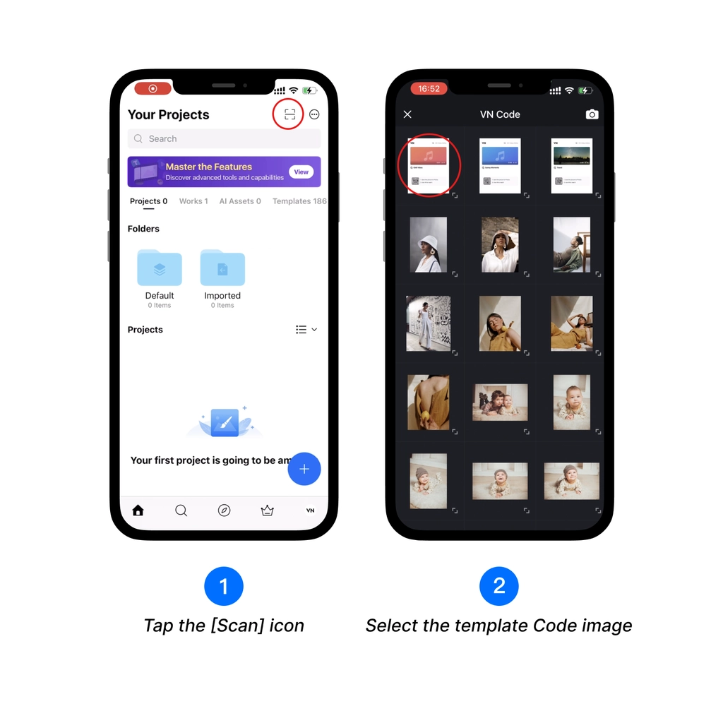 Tap the Scan icon and select the template Code image