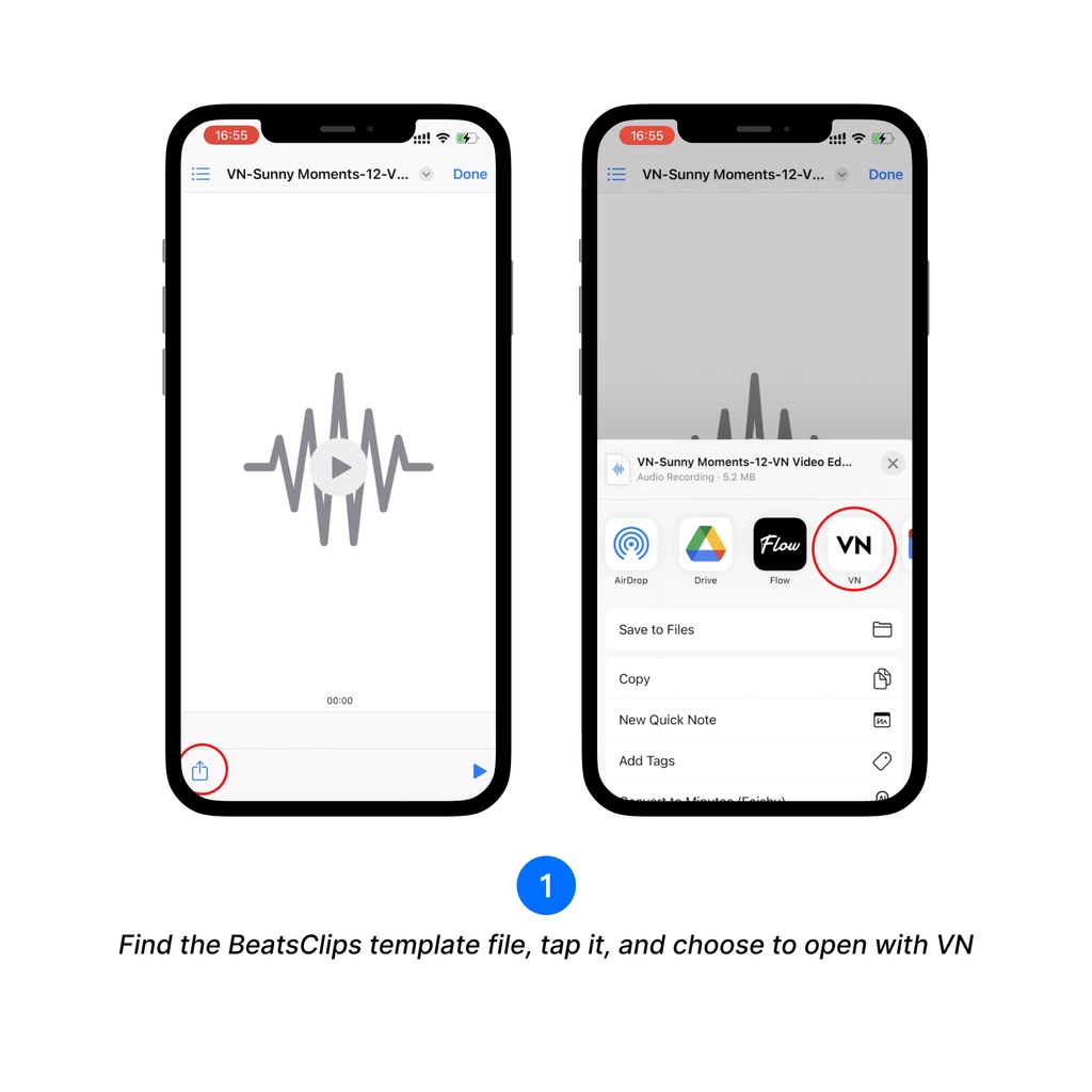 Find the BeatsClips template file, tap it, and choose to open with VN