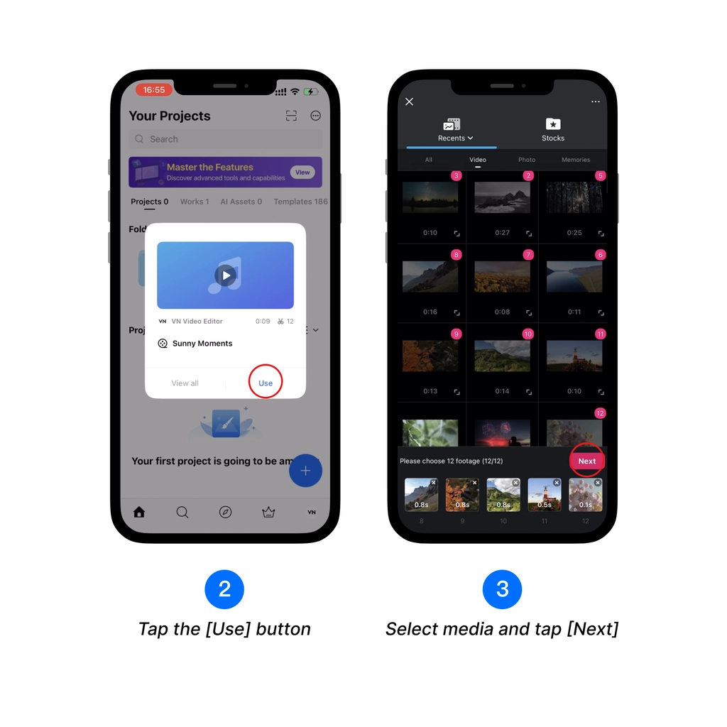 Tap the Use button, select media, and tap Next