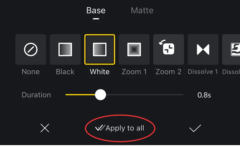 Tap the Apply to all to apply the transition to all clips on the same track