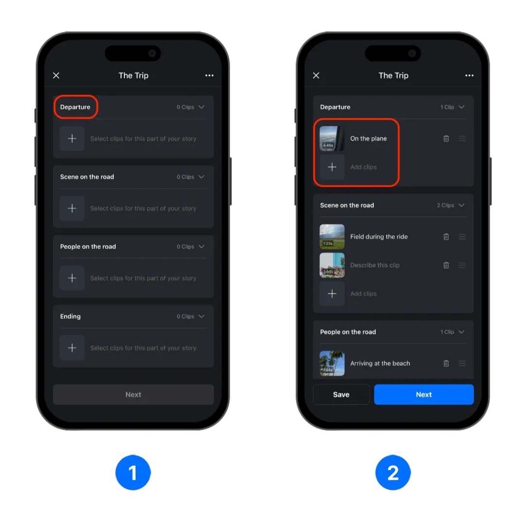 Fill the Story sections with clips and descriptions