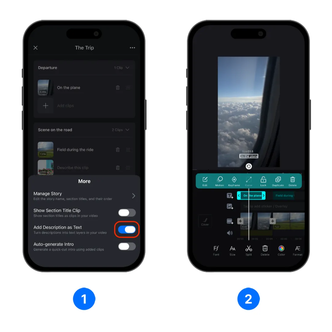 Add clip descriptions to the generated video as text