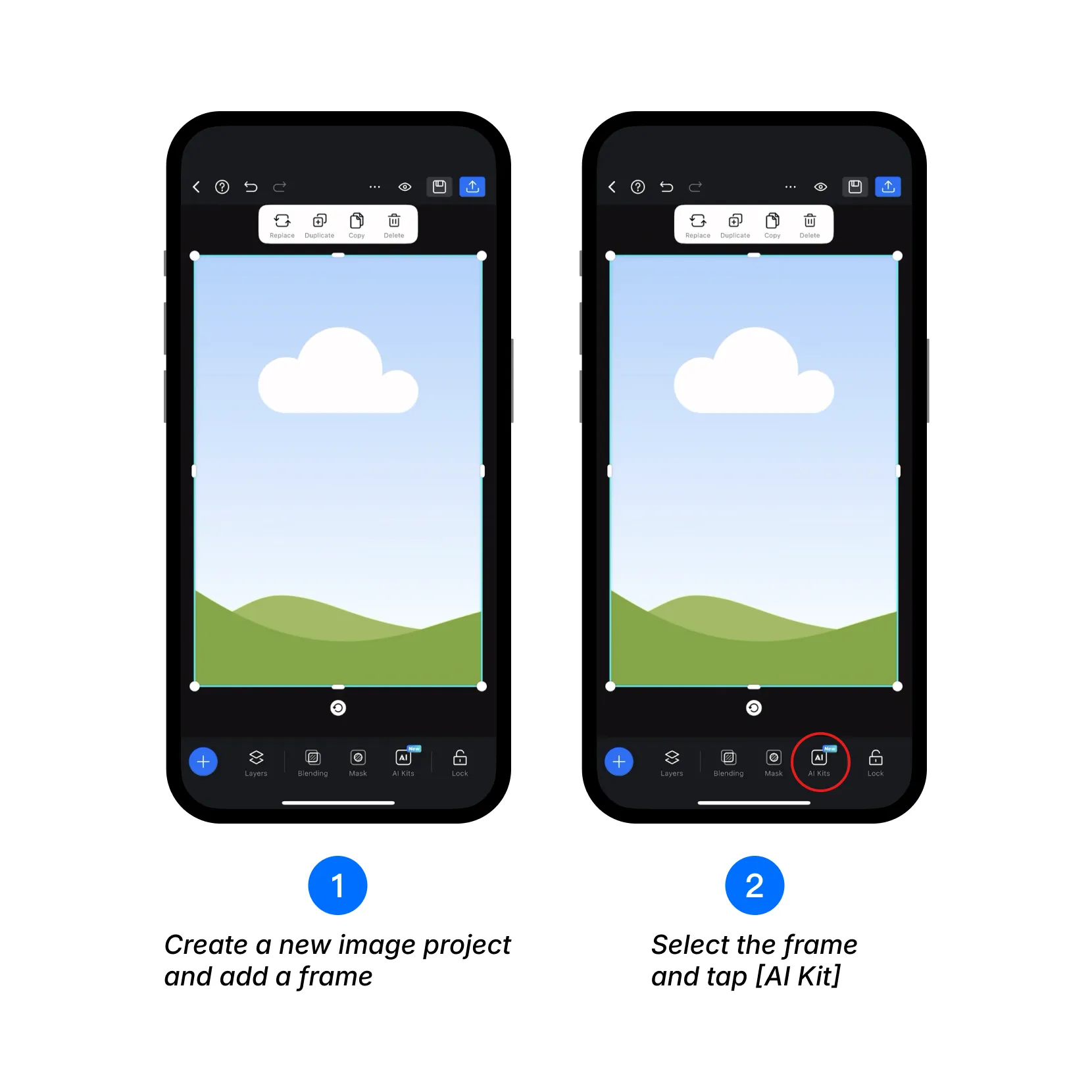Select the Frame, then tap AI Kit in the bottom toolbar.