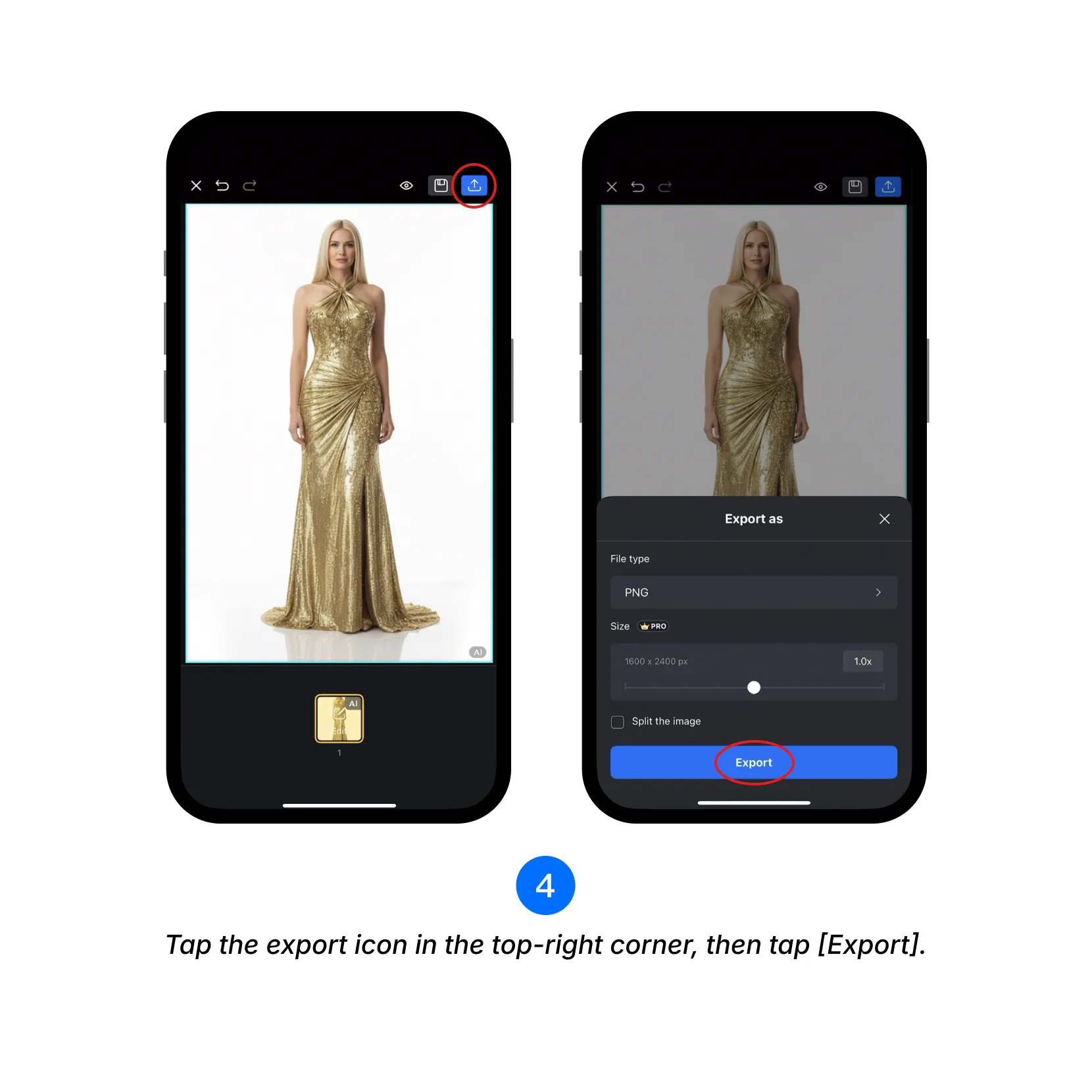 Tap the export icon in the top-right corner, then tap Export.