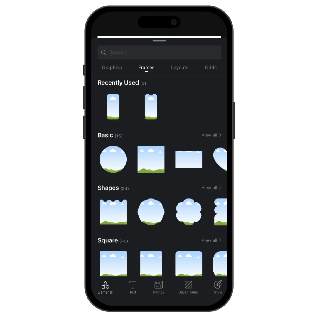 Select a Frame for a replaceable photo or video area