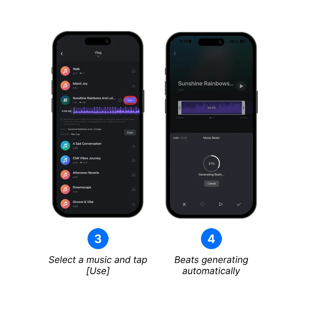 Select music and generate beat points automatically